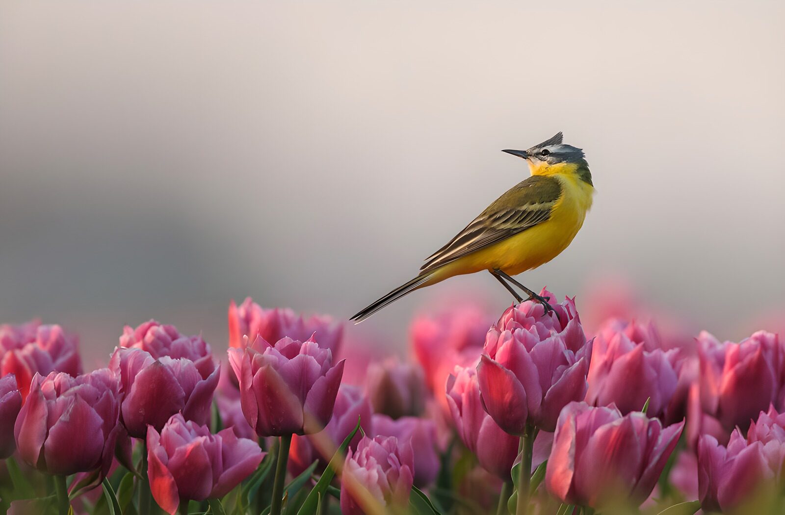 TPFR46365: Un oiseau jaune parmi les tulipes roses