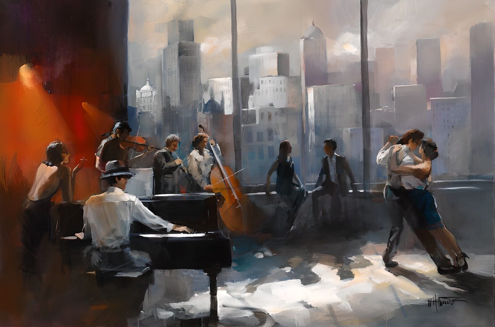 TPFR48128: Peinture d'un couple dansant le tango avec orchestre version 2