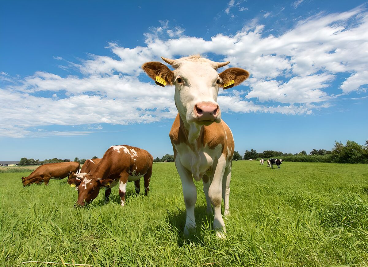 Vaches paissant sous un ciel bleu
