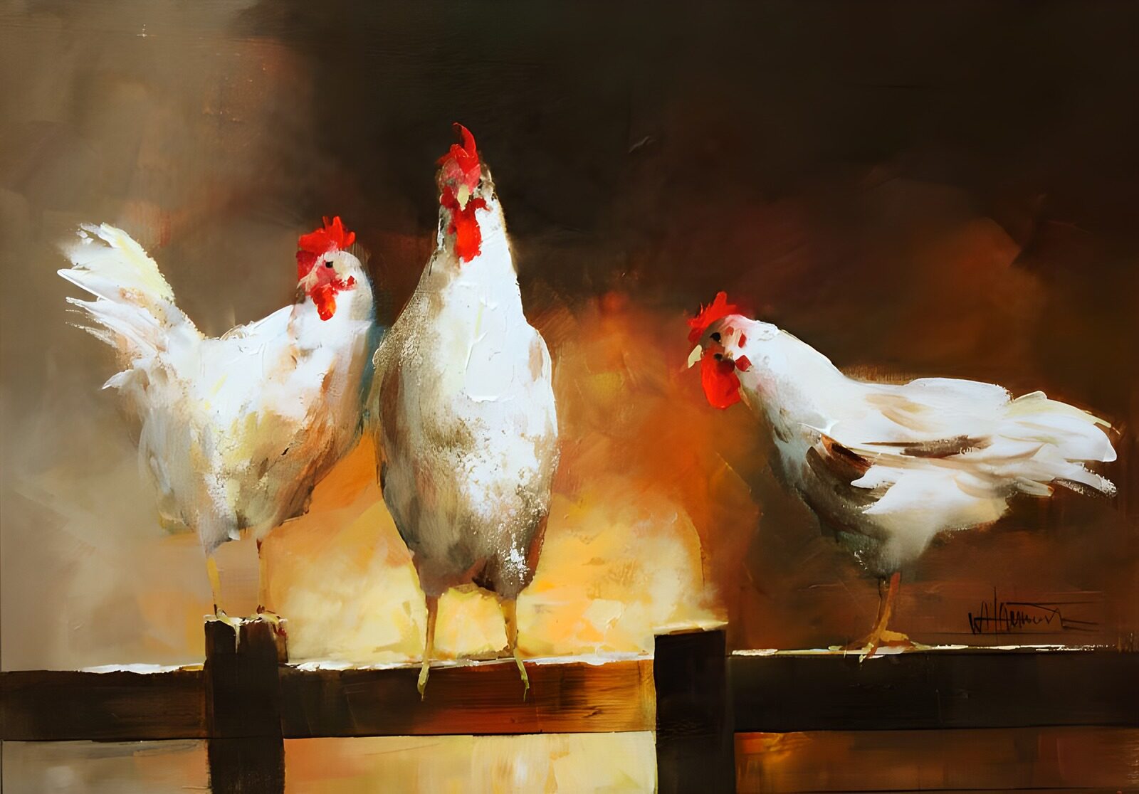 TPFR24246: Peinture de 3 poules sur une barrière