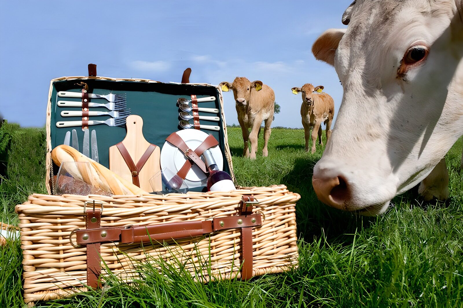 TPFR26548: Vache reniflant un panier de pique-nique avec d'autres vaches en arrière-plan
