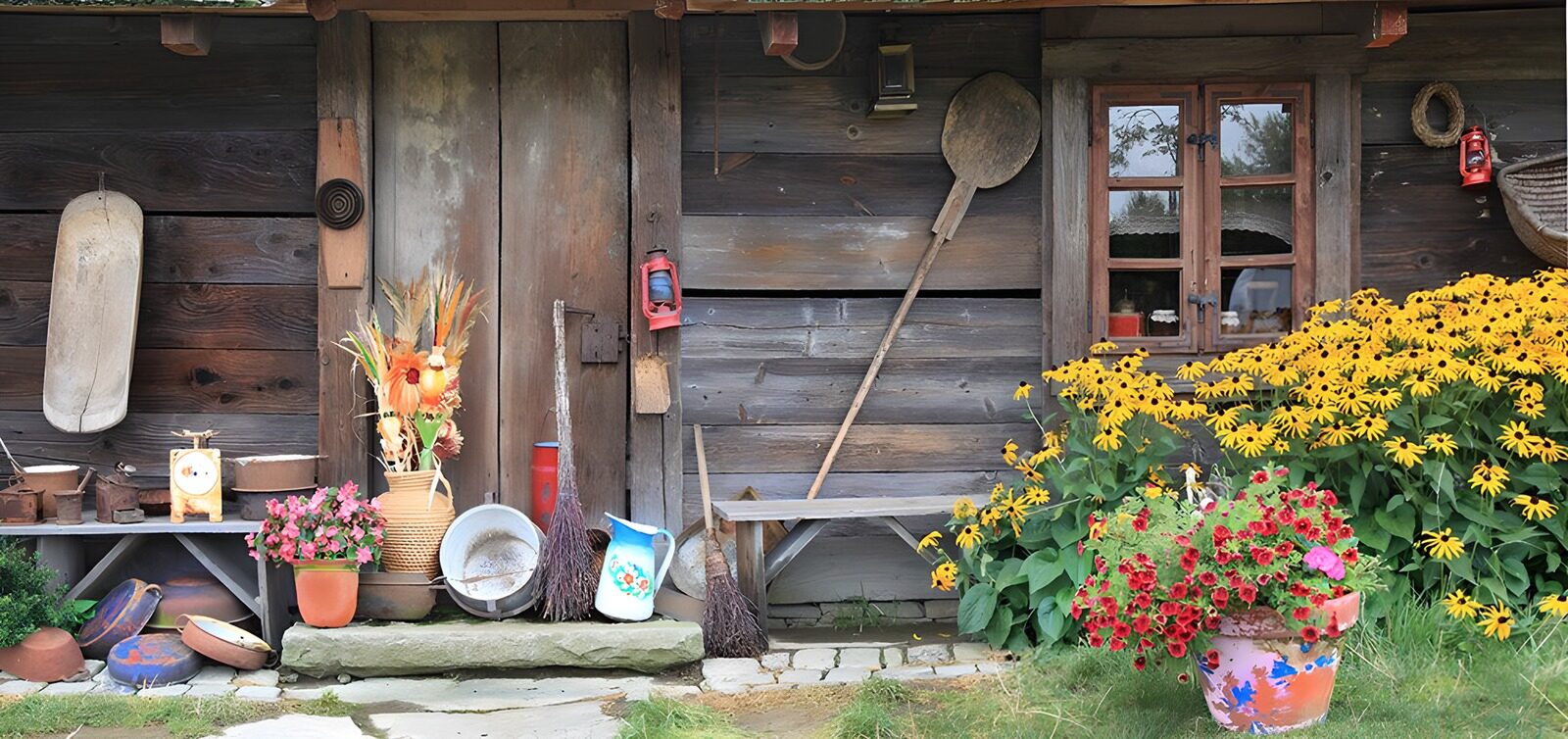TPFR19730: Façade rustique avec fleurs et décorations