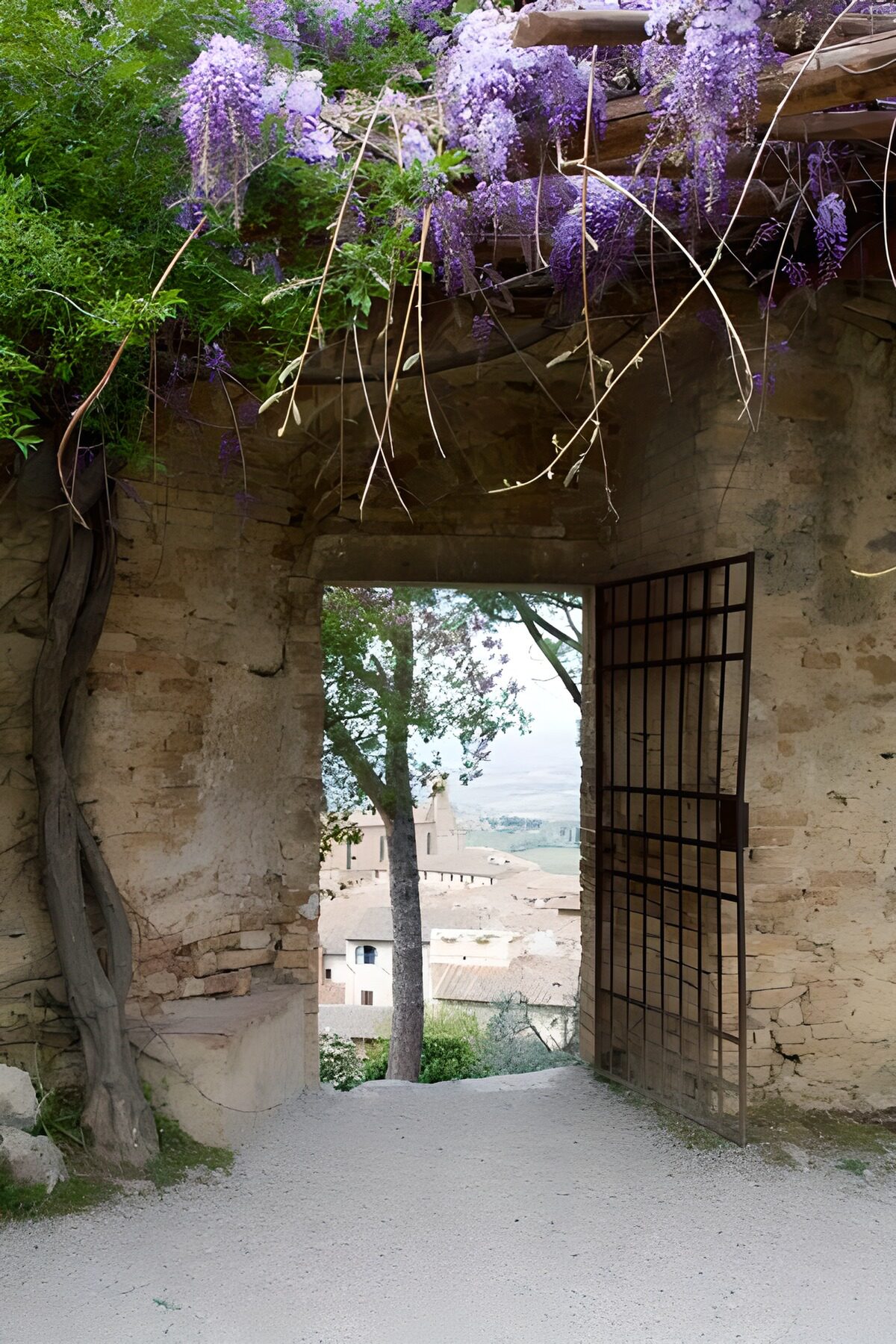 Grille ancienne offrant une vue sur un village sous une glycine mauve