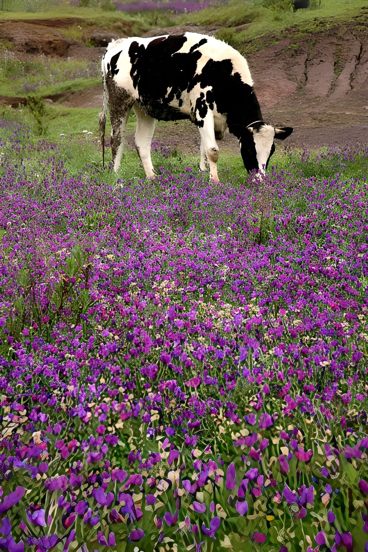 TPFR66625: Vache dans un champ de fleurs mauves
