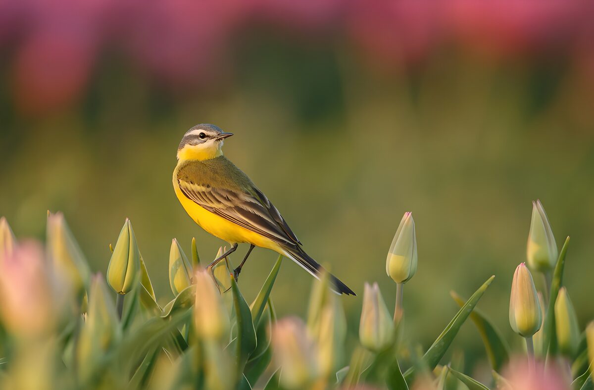 TPFR56154: Oiseau coloré dans un champ de tulipes