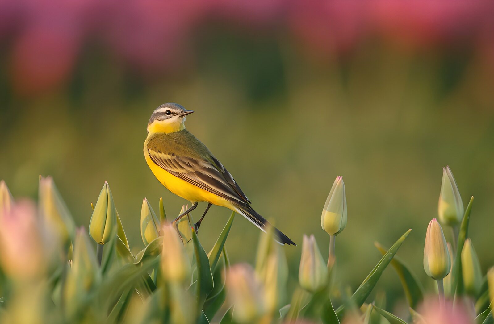 TPFR56154: Oiseau coloré dans un champ de tulipes