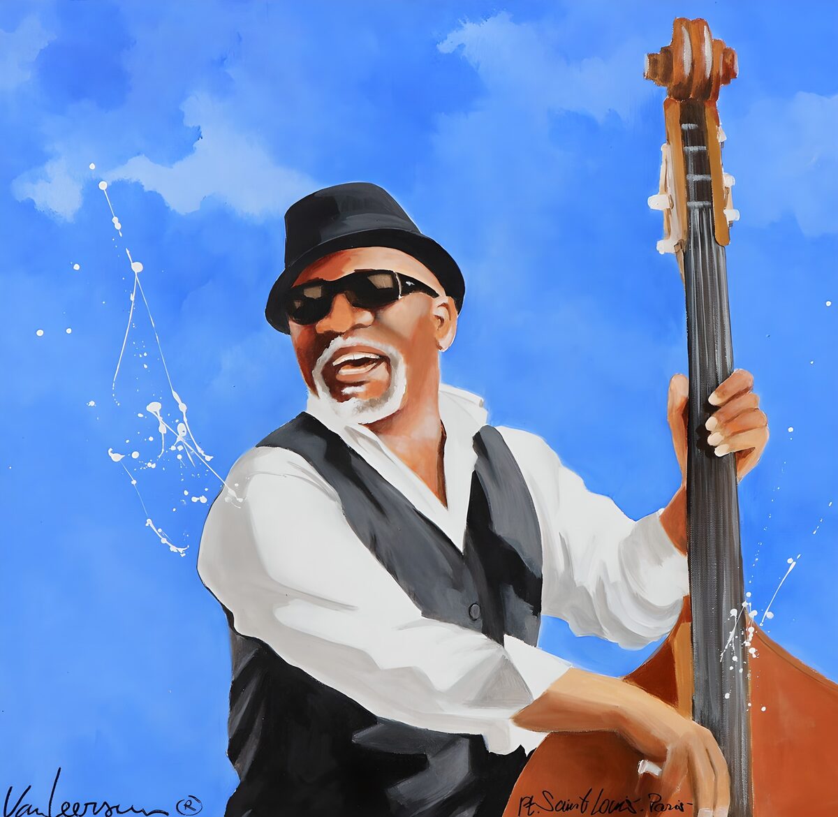 : Musicien joyeux au contrebassiste