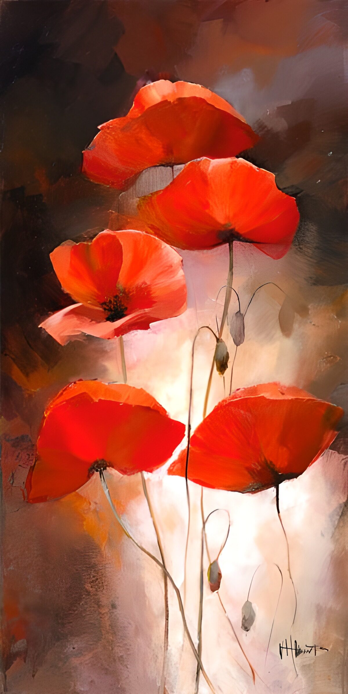 Peinture avec 5 coquelicots