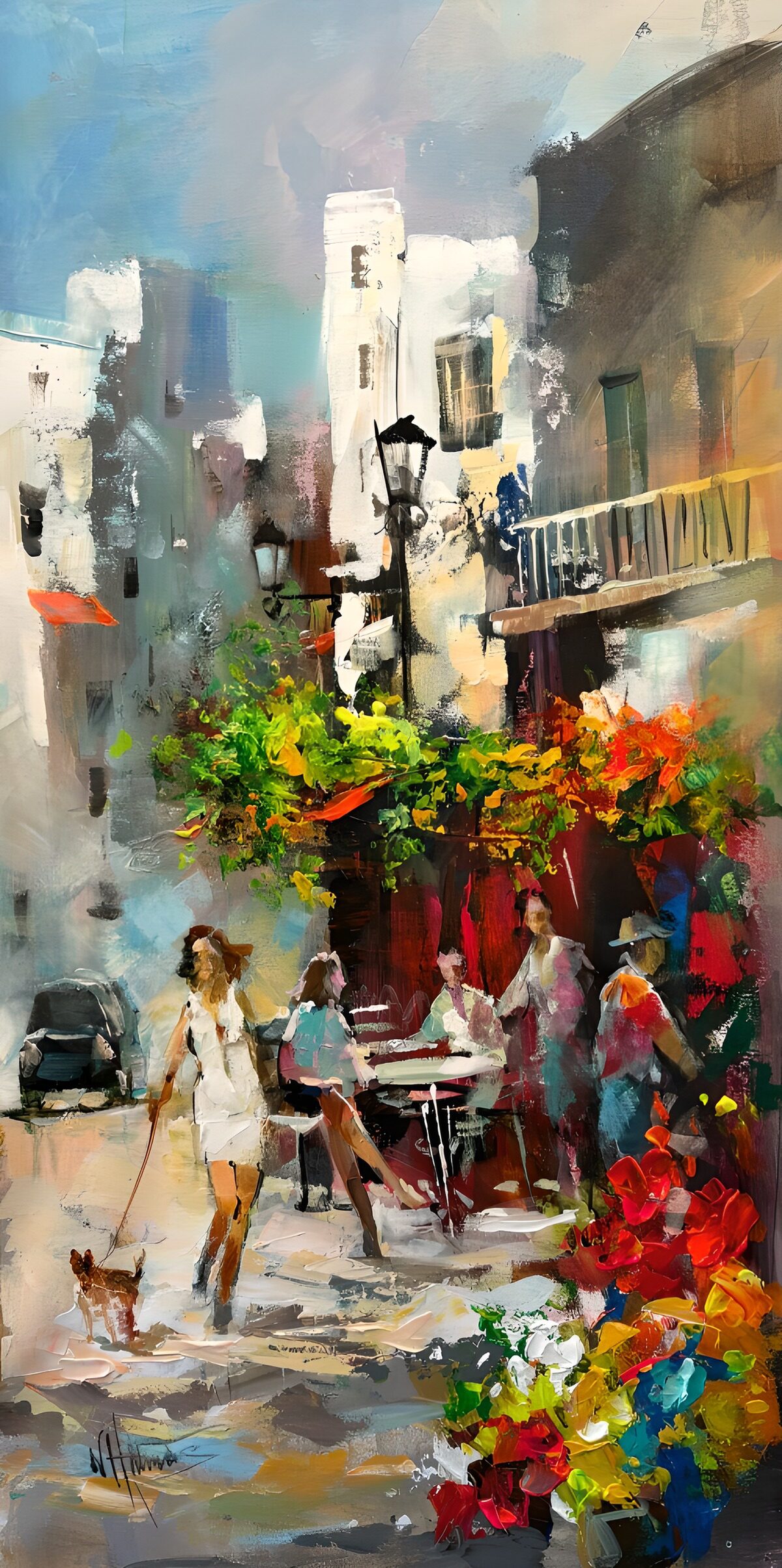 Rue fleurie et terrasse animée