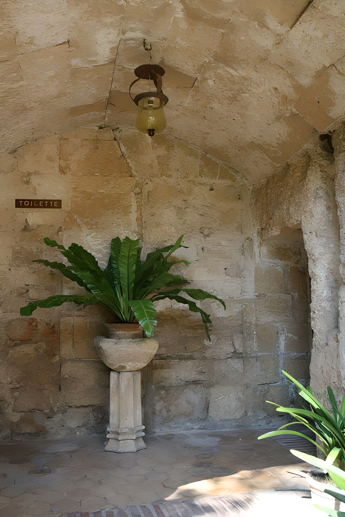 Plante dans une urne de pierre sur pilier dans une chapelle de pierre avec lanterne