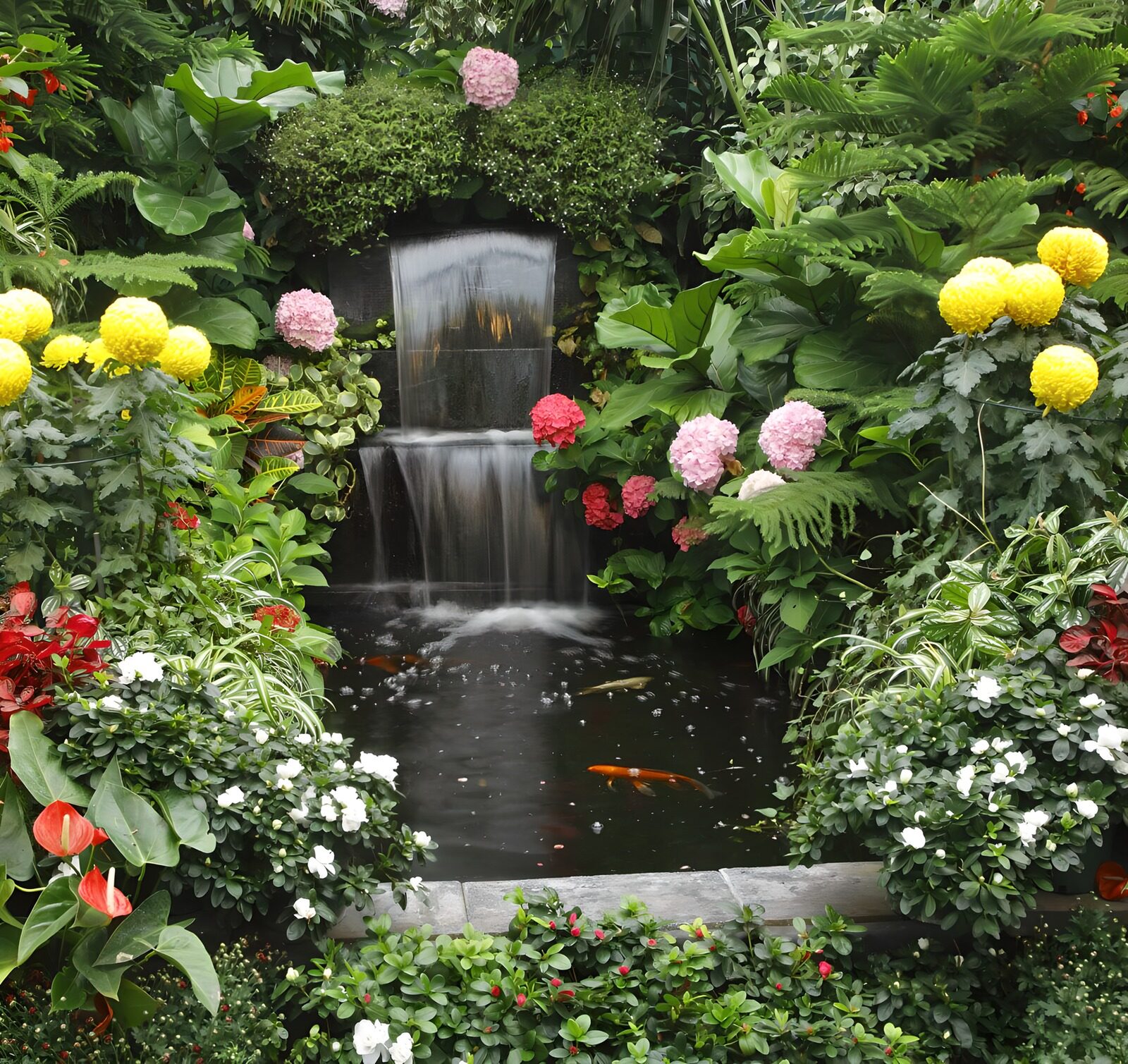 TPFR30564: Jardin paisible avec cascade et fleurs