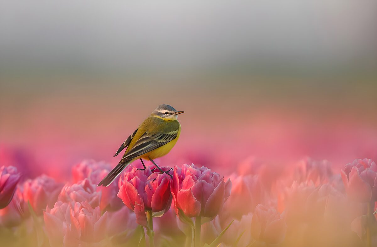 TPFR60178: Un oiseau parmi les tulipes colorées