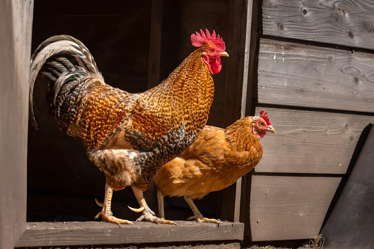 Coqs et poules au poulailler