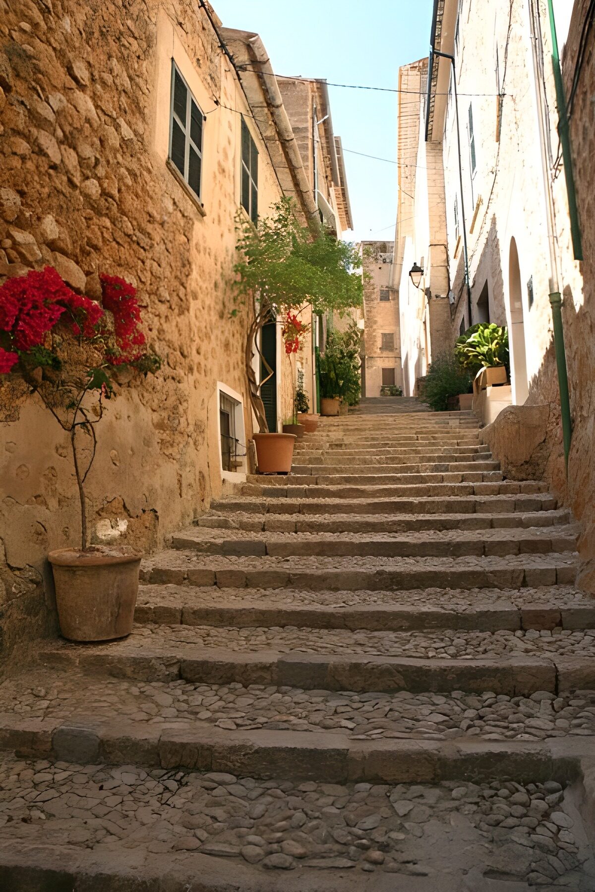 Ruelle pavée dans un village aux maisons de pierre et porche en arrière-plan 1