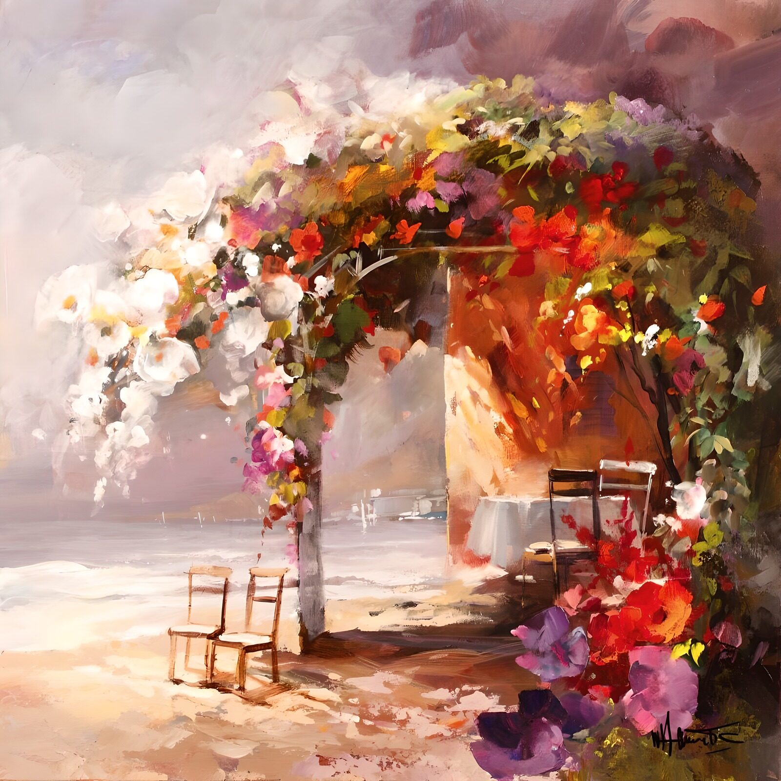 TPFR30914: Peinture d'une pergola garnie de fleurs avec chaises et vue sur la mer