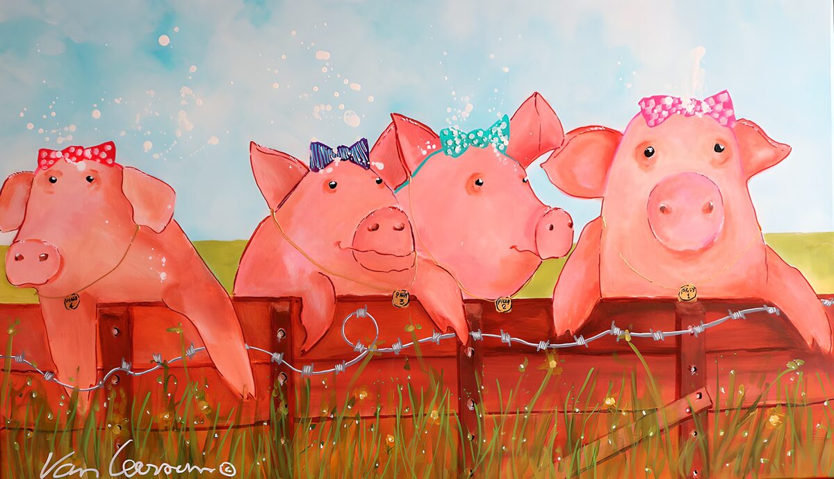 Quatre joyeuses cochons avec des nœuds