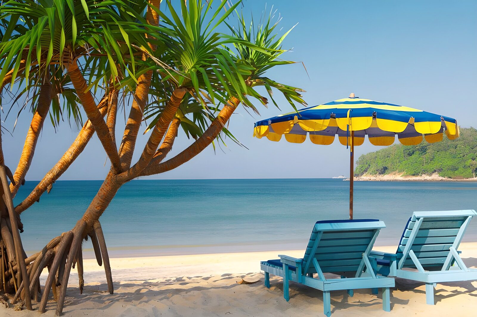 TPFR62909: Arbre tropical sur une plage avec parasol et lits de plage bleus