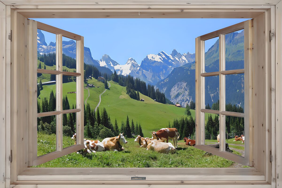 Paysage alpin à travers une fenêtre