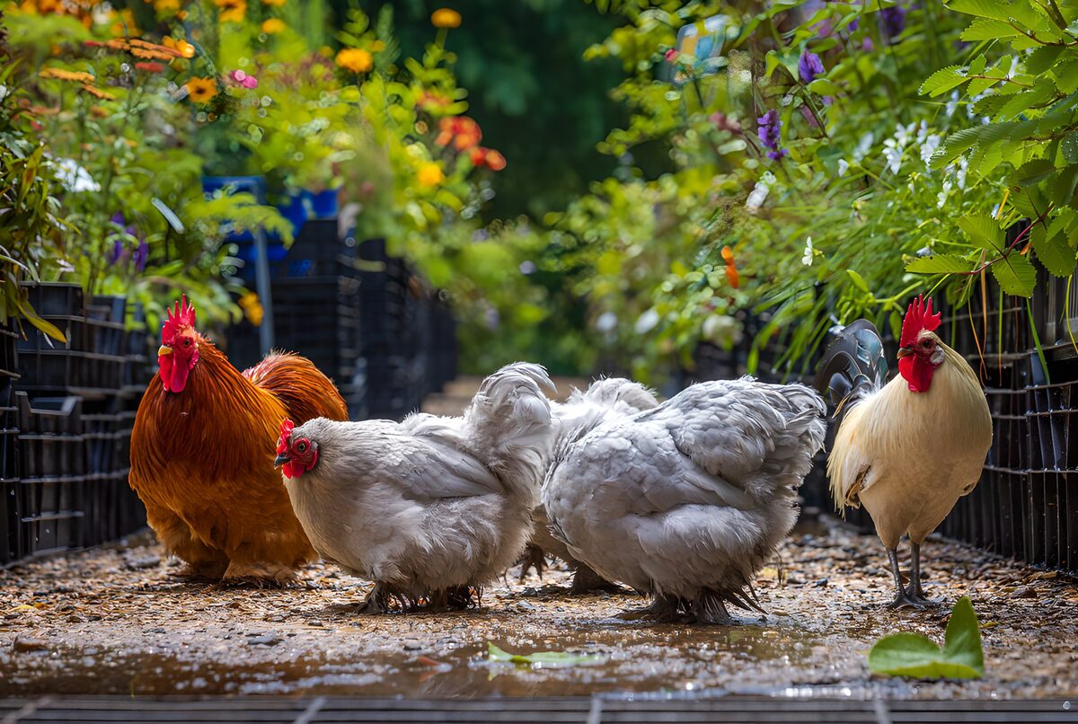 Poules et coq dans un jardin