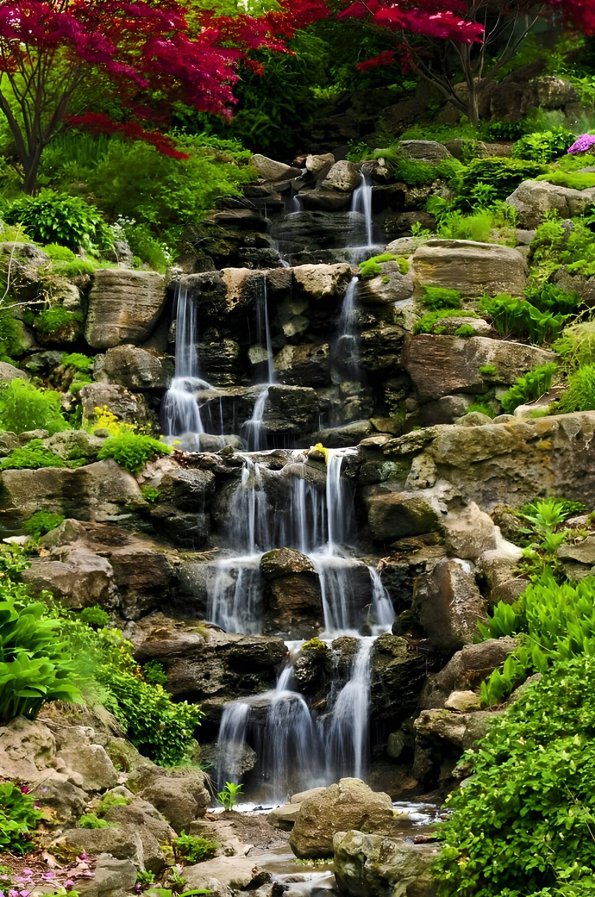 Cascade dans un jardin luxuriant