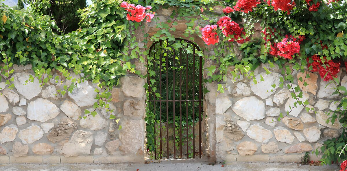TPFR50900: Portail fleuri et mur de pierre