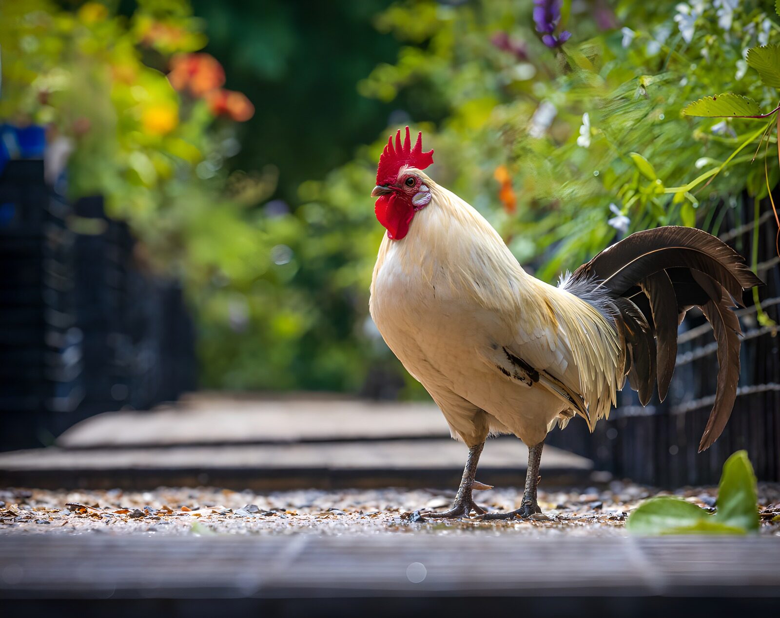TPFR45691: Coq blanc en plein air