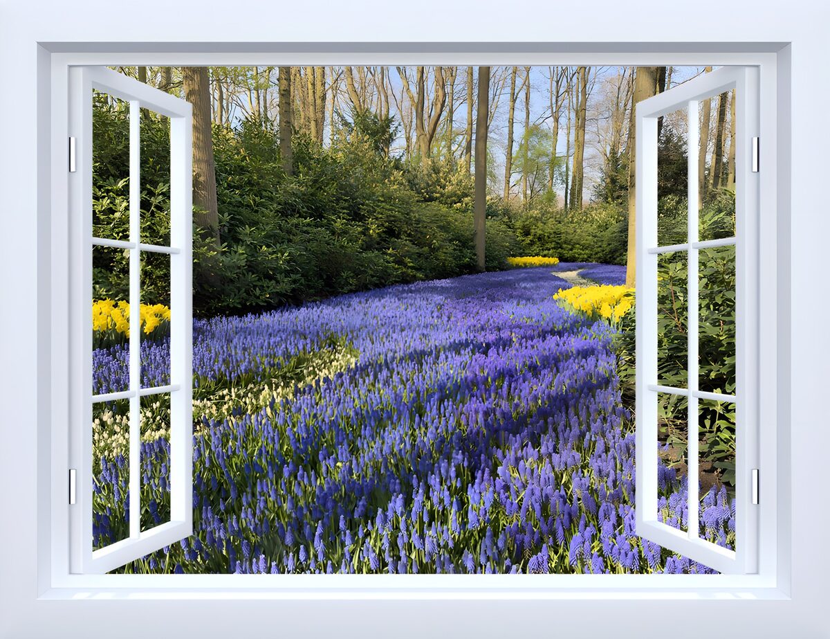 TPFR82982: Paysage fleuri à travers la fenêtre