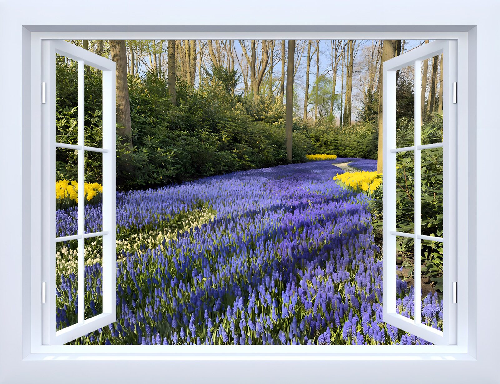 TPFR82982: Paysage fleuri à travers la fenêtre
