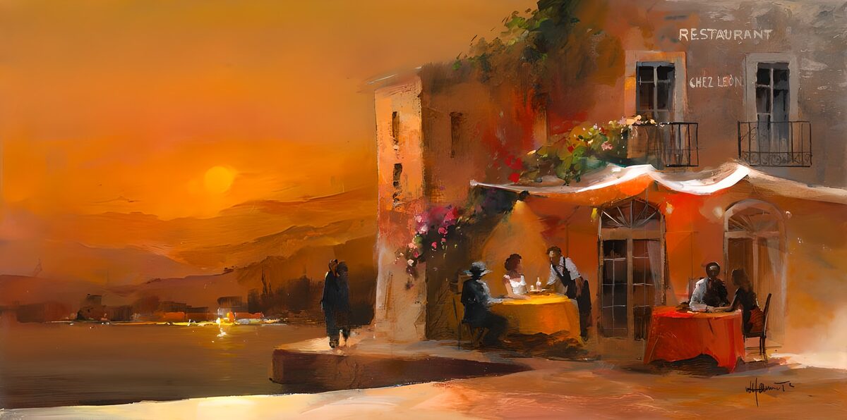 Peinture d'un restaurant espagnol avec terrasse romantique version 2