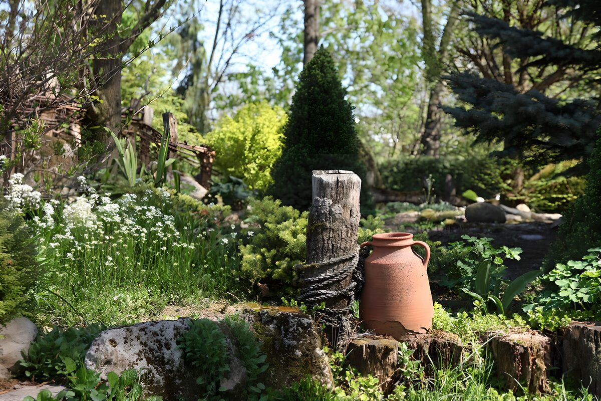 TPFR24029: Jardin paisible avec pot en terre cuite