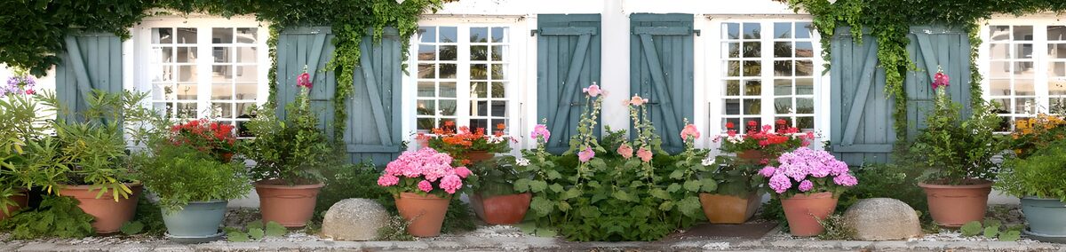 Maison fleurie et fenêtres colorées