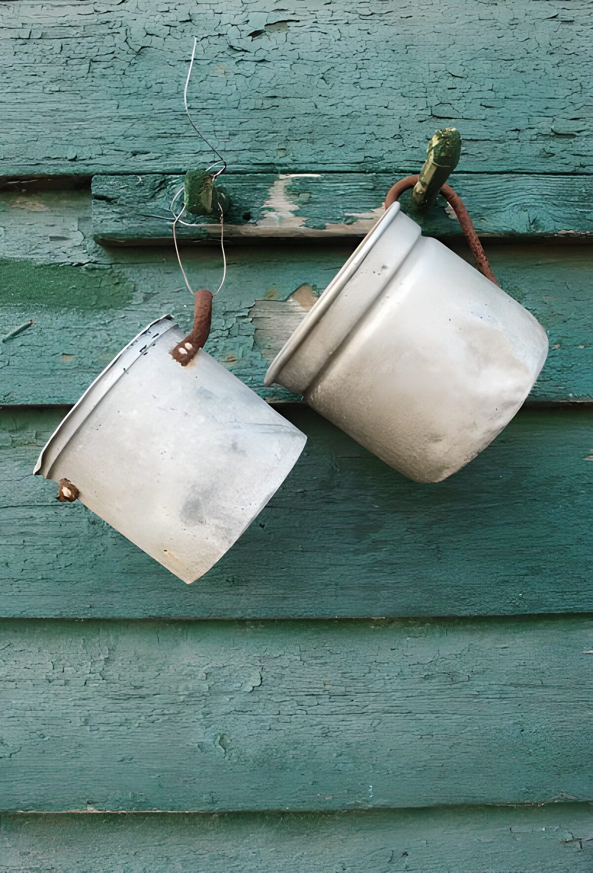 Deux pots métalliques suspendus à un mur vert