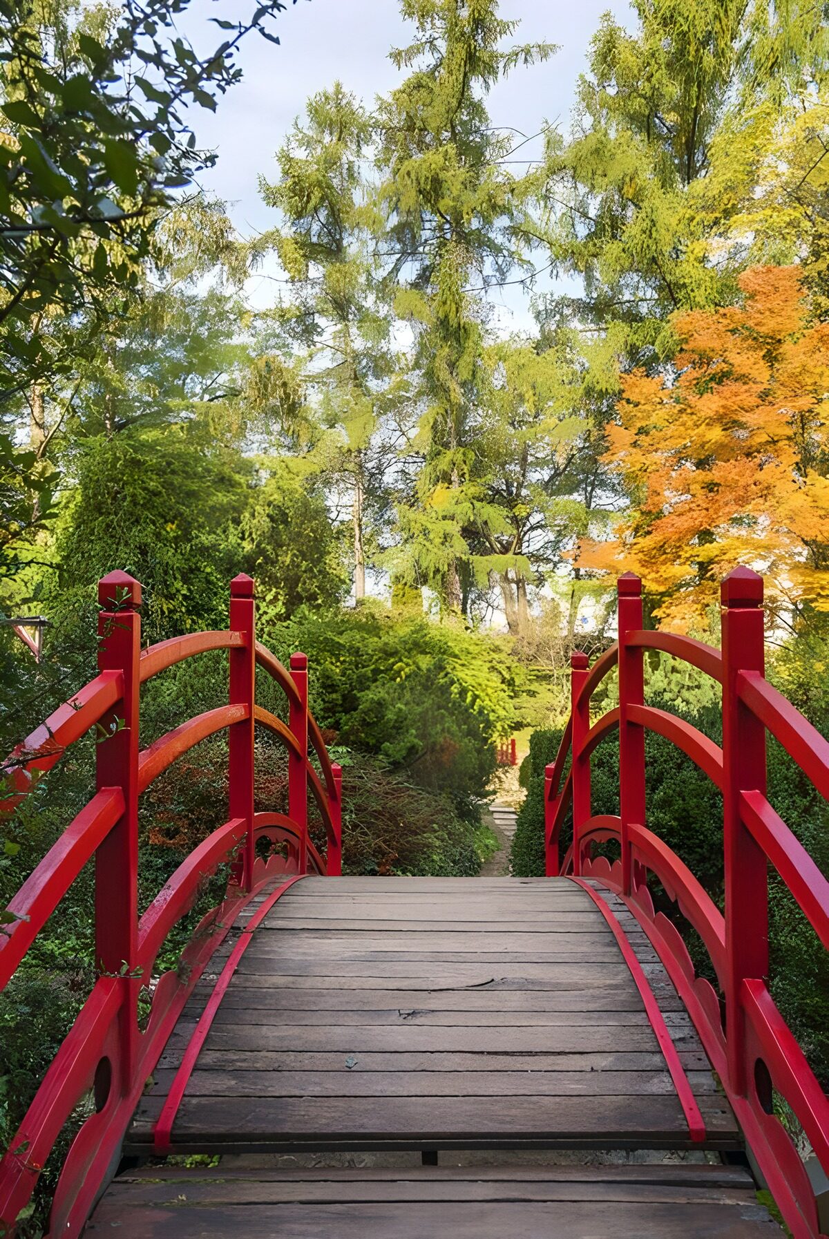 Pont rouge dans un jardin paisible