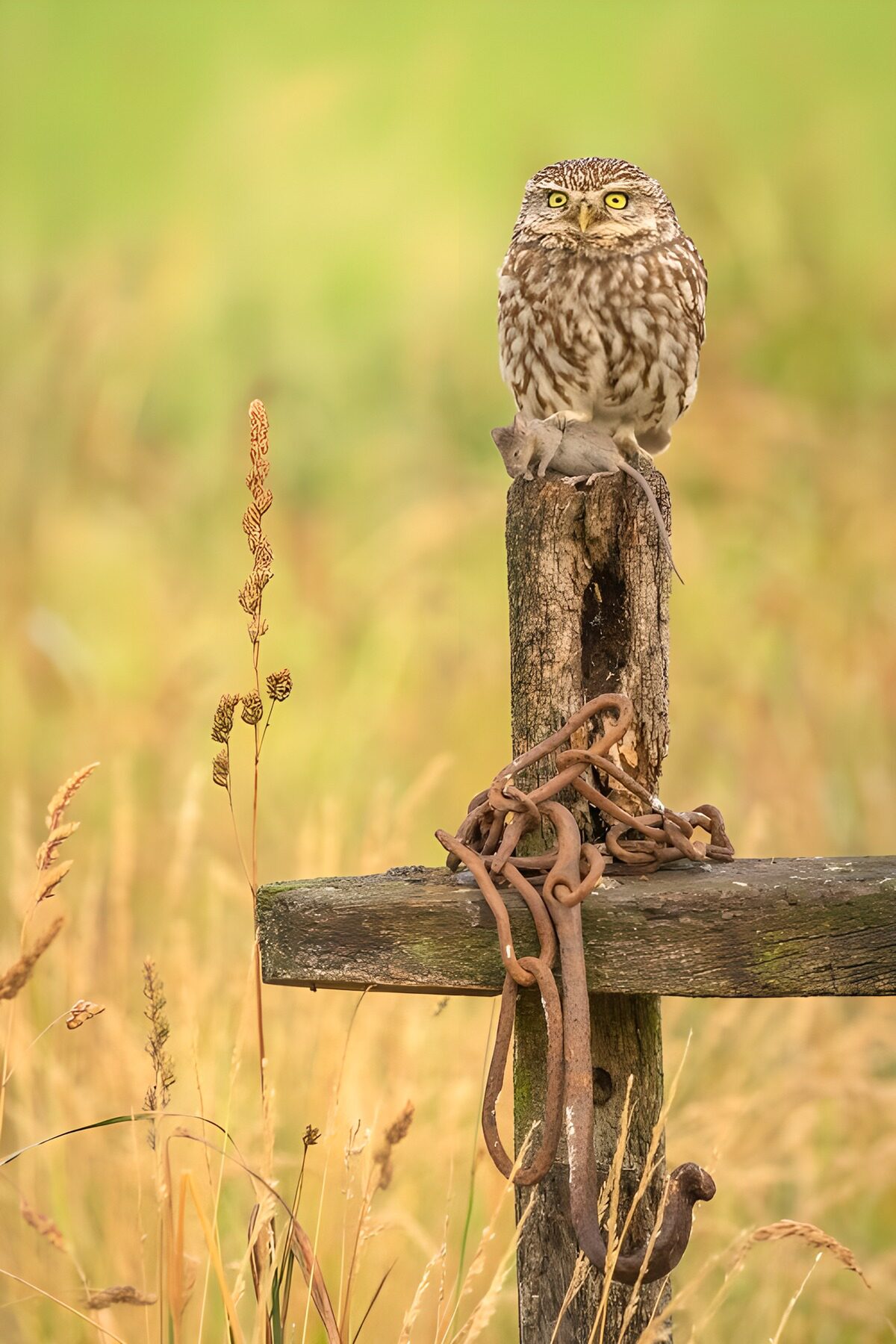 Hibou posé sur un poteau en bois