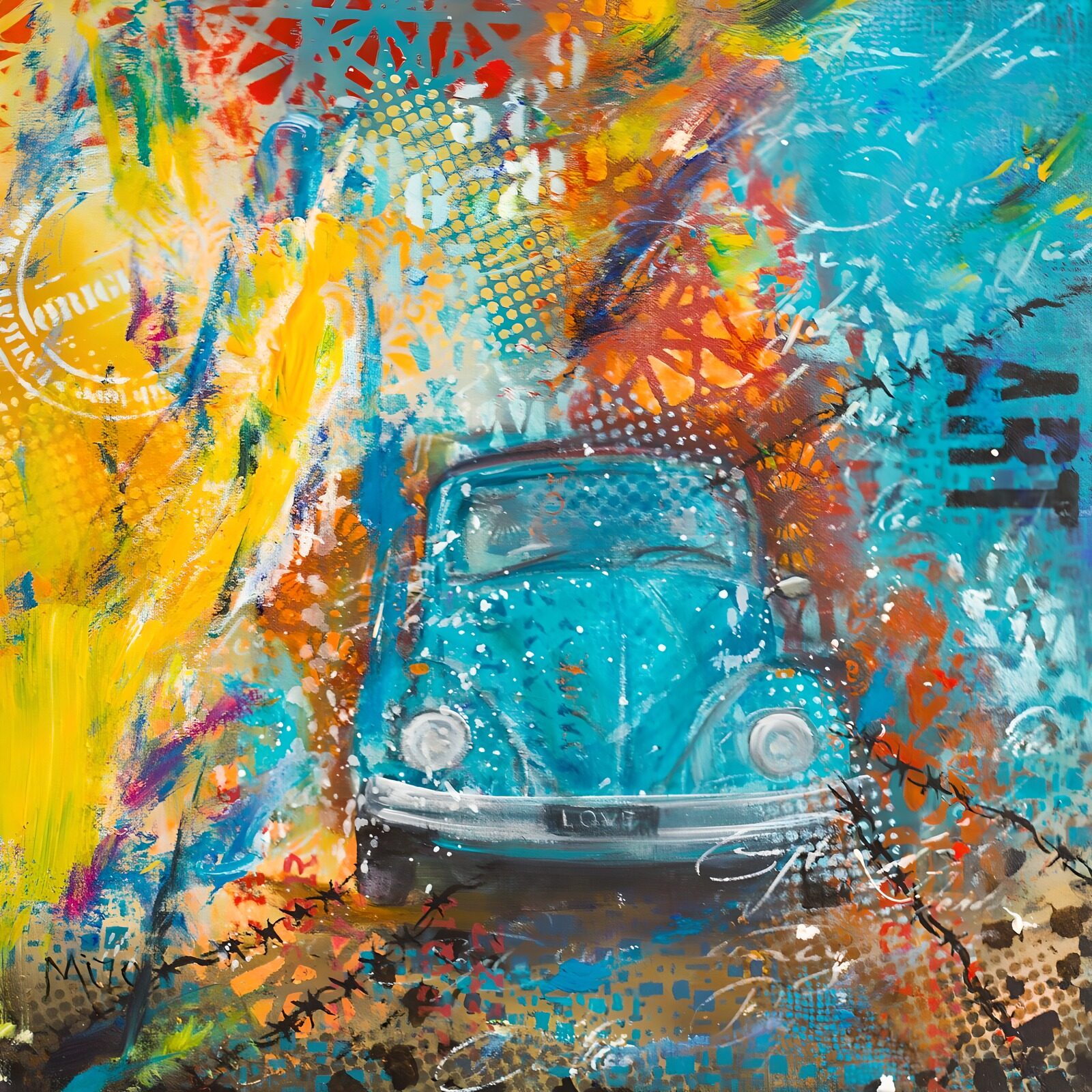TPFR90438: Voiture vintage sur toile colorée