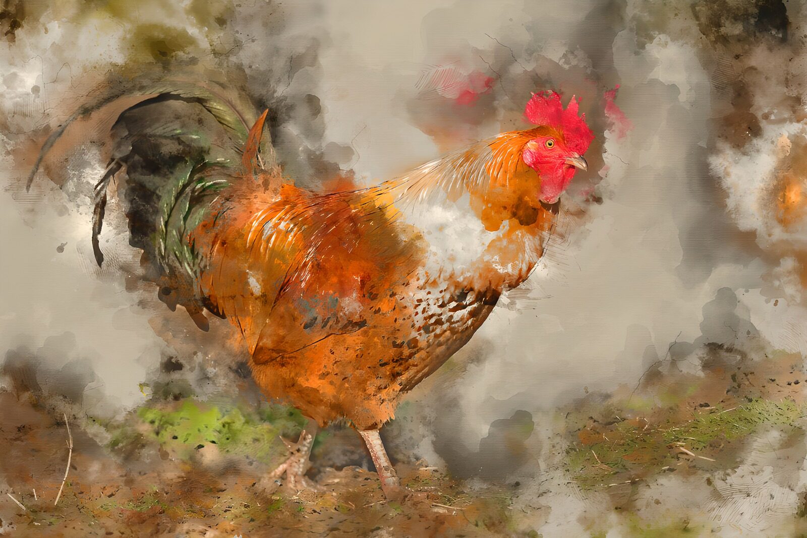TPFR31629: Coq coloré dans un environnement artistique