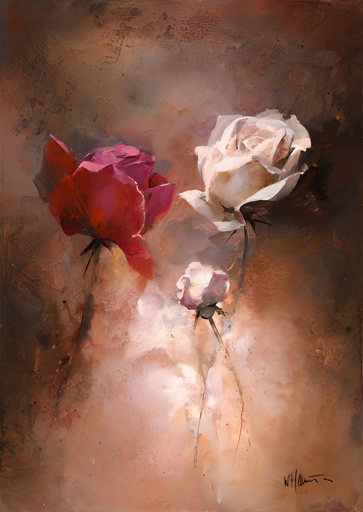 Peinture avec des roses blanches et une rose rouge version 2