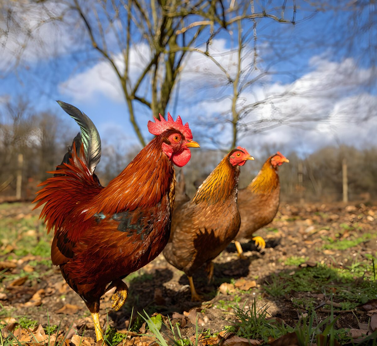 Coqs et poules dans un verger ensoleillé