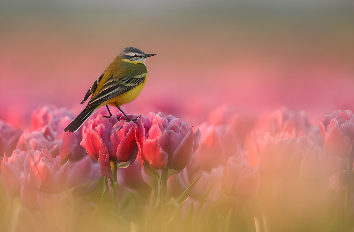 TPFR27827: Un oiseau parmi les tulipes en fleurs