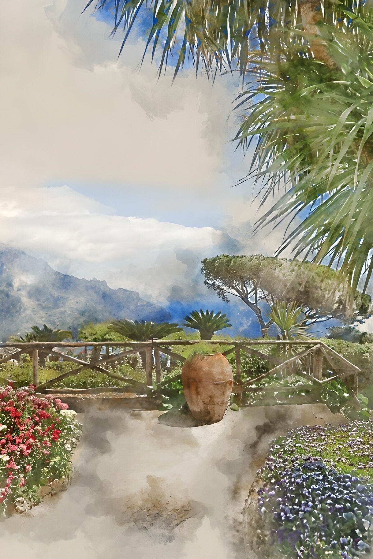 Jardin de rêve en fleurs et montagnes