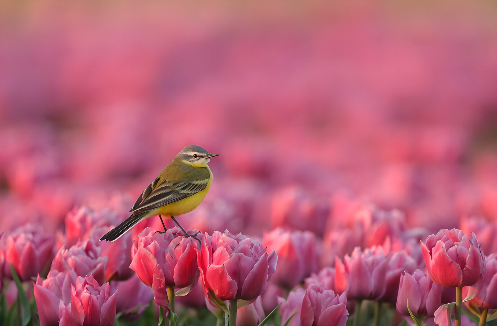 TPFR51948: Oiseau parmi des tulipes roses
