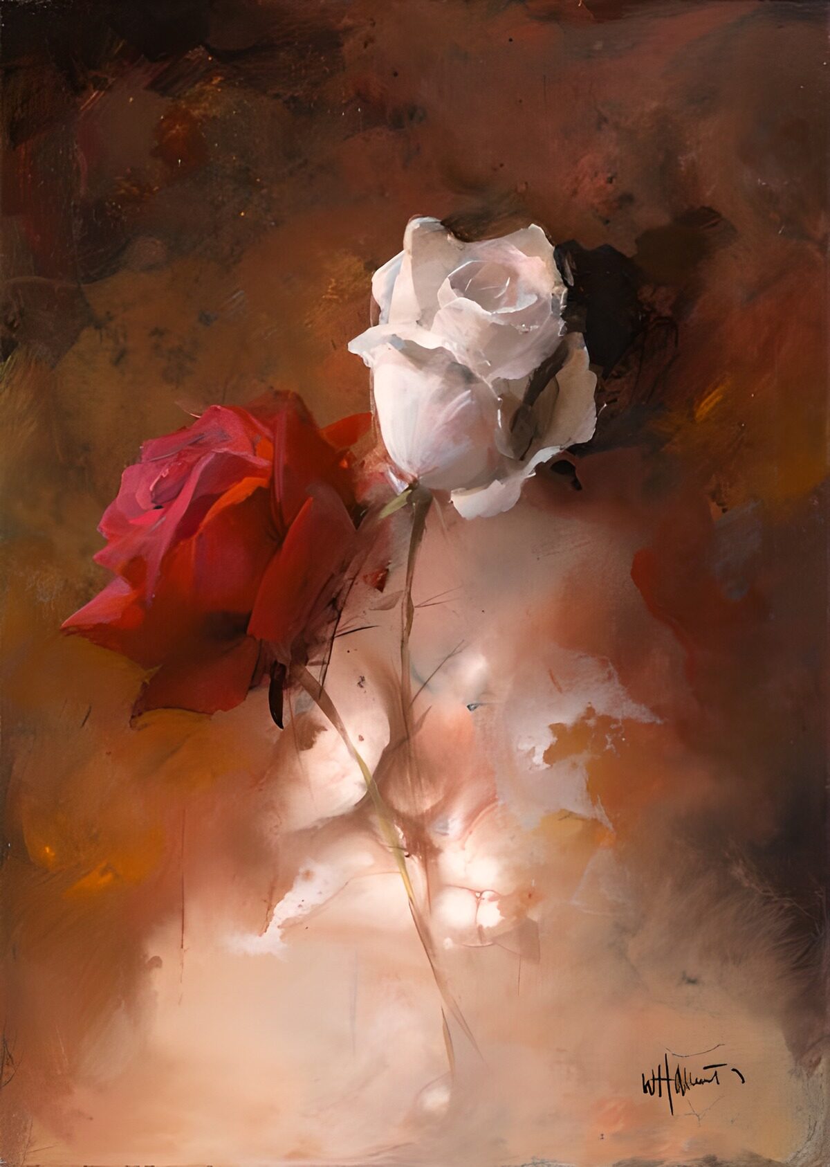 Peinture avec des roses blanches et une rose rouge version 1