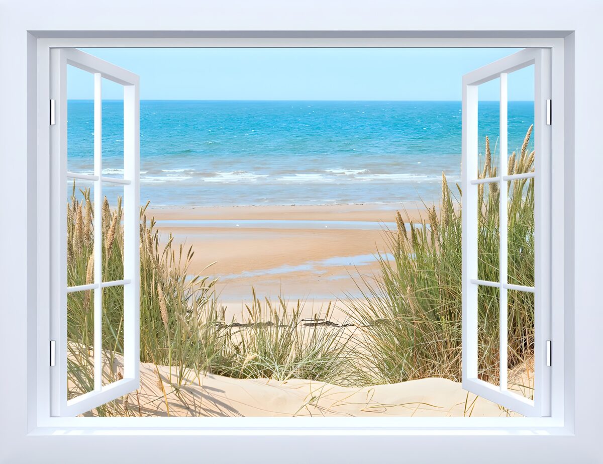 Vue sur la plage depuis la fenêtre