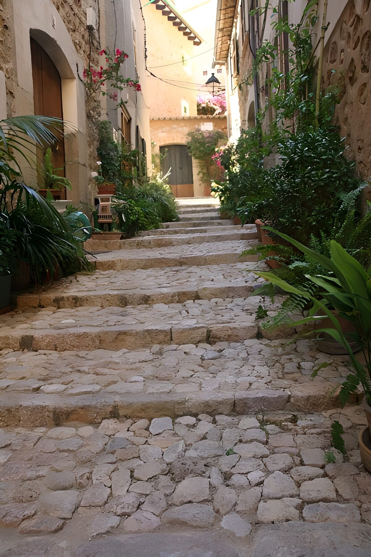 Ruelle pavée dans un village aux maisons de pierre et porche en arrière-plan 5