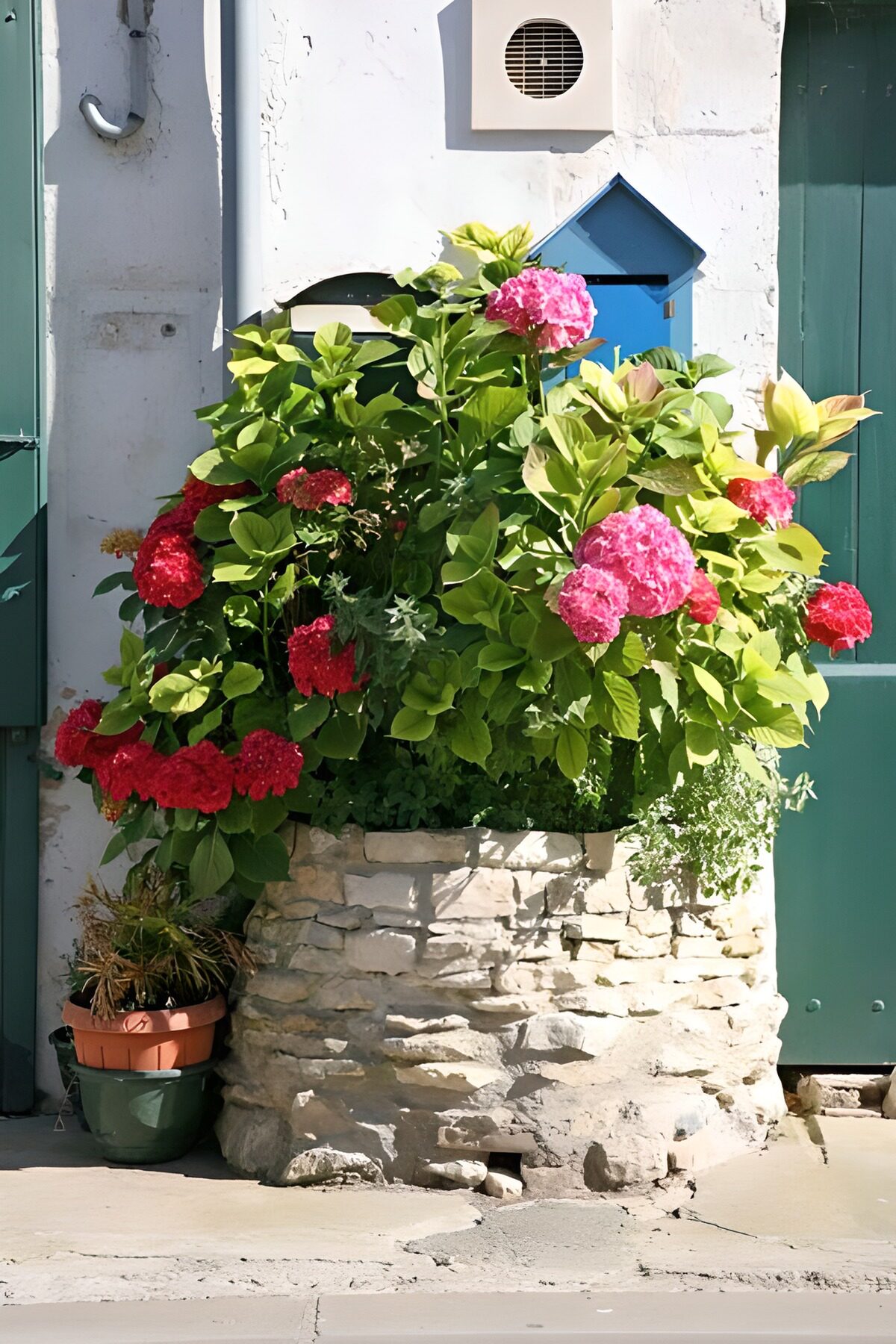 TPFR98298: Vieux puits fleuri le long d'une route