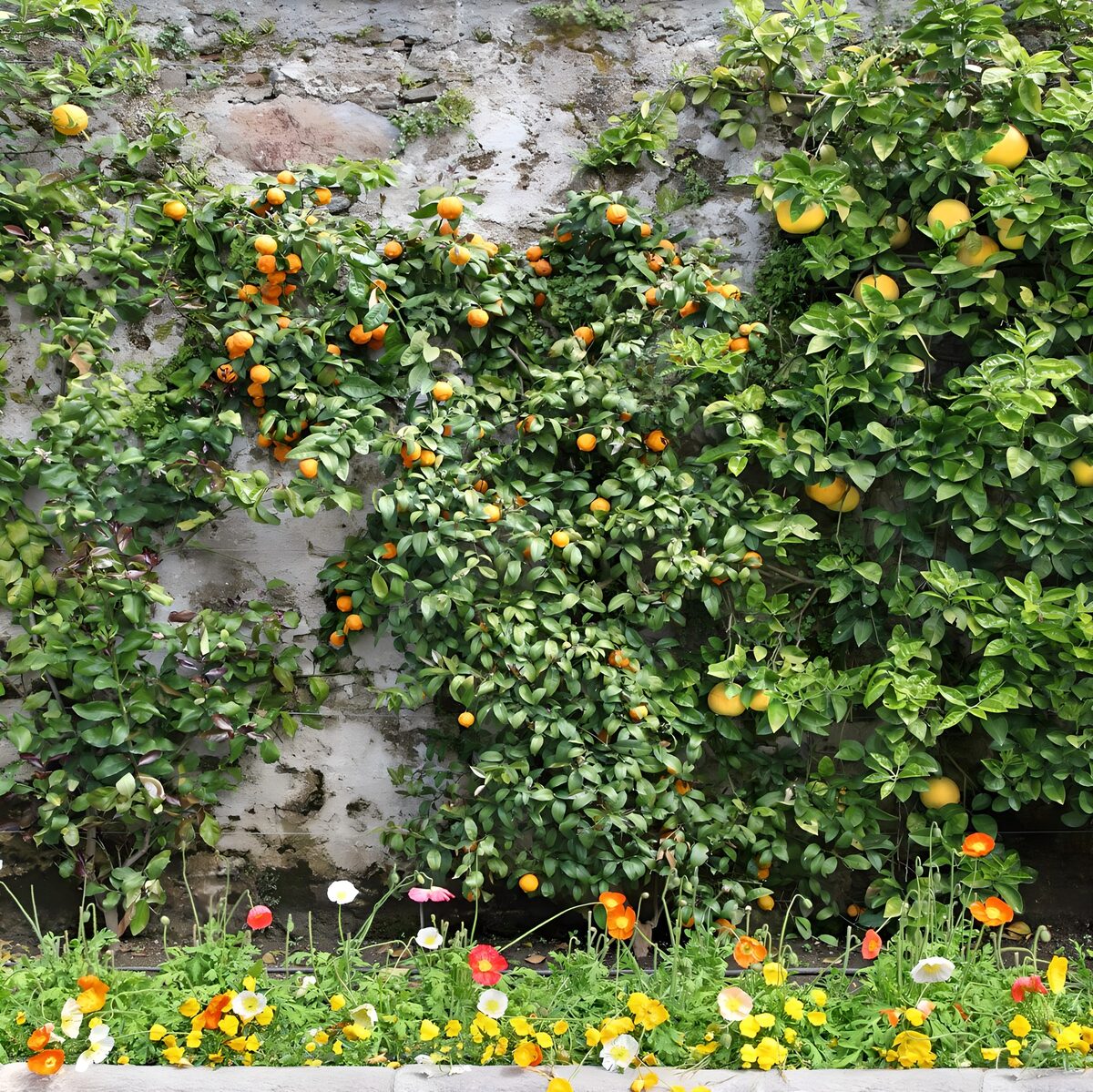 TPFR17630: Mur verdoyant avec agrumes et fleurs