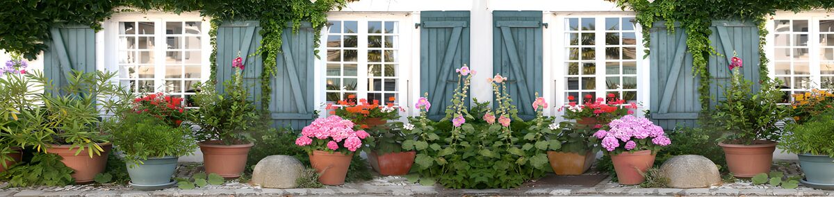 TPFR63962: Jardinières colorées devant une maison