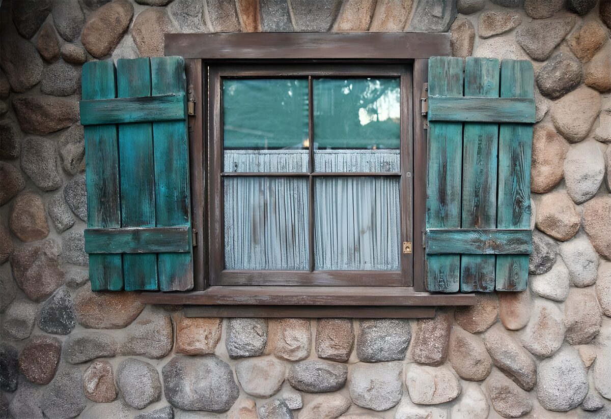 Maison ancienne en grosses pierres avec fenêtre pourvue de volets turquoise