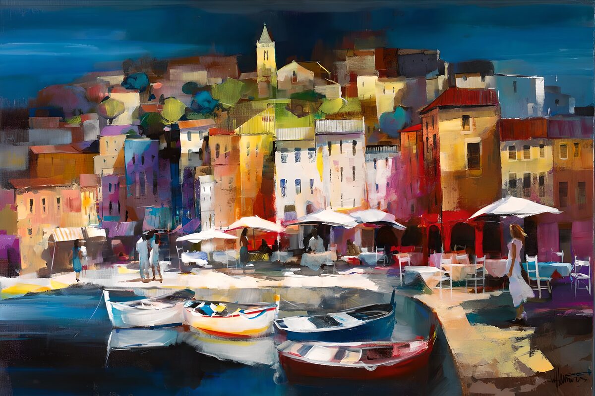 Peinture d'une ville avec port