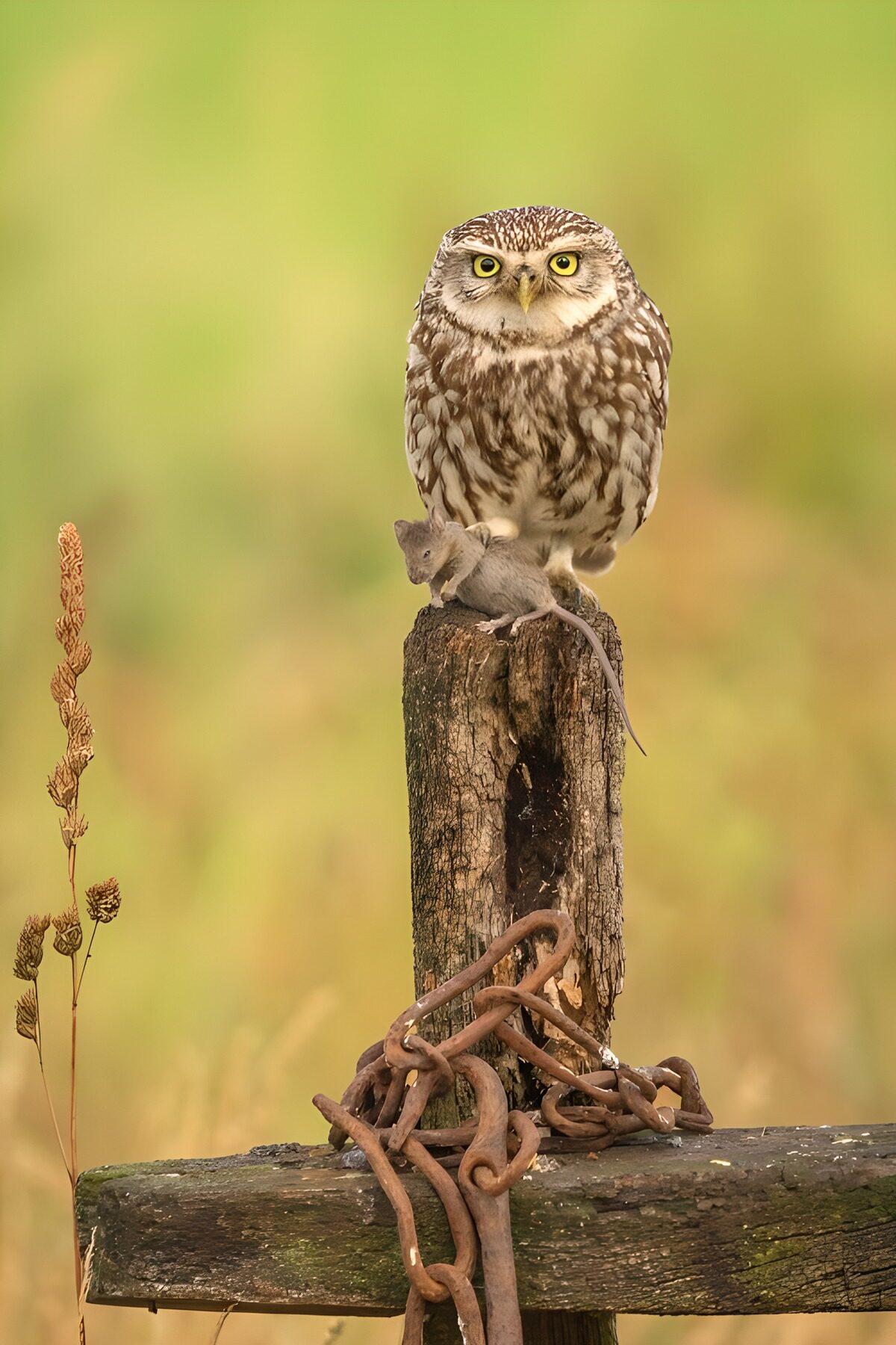 Hibou et sa proie sur un tronc